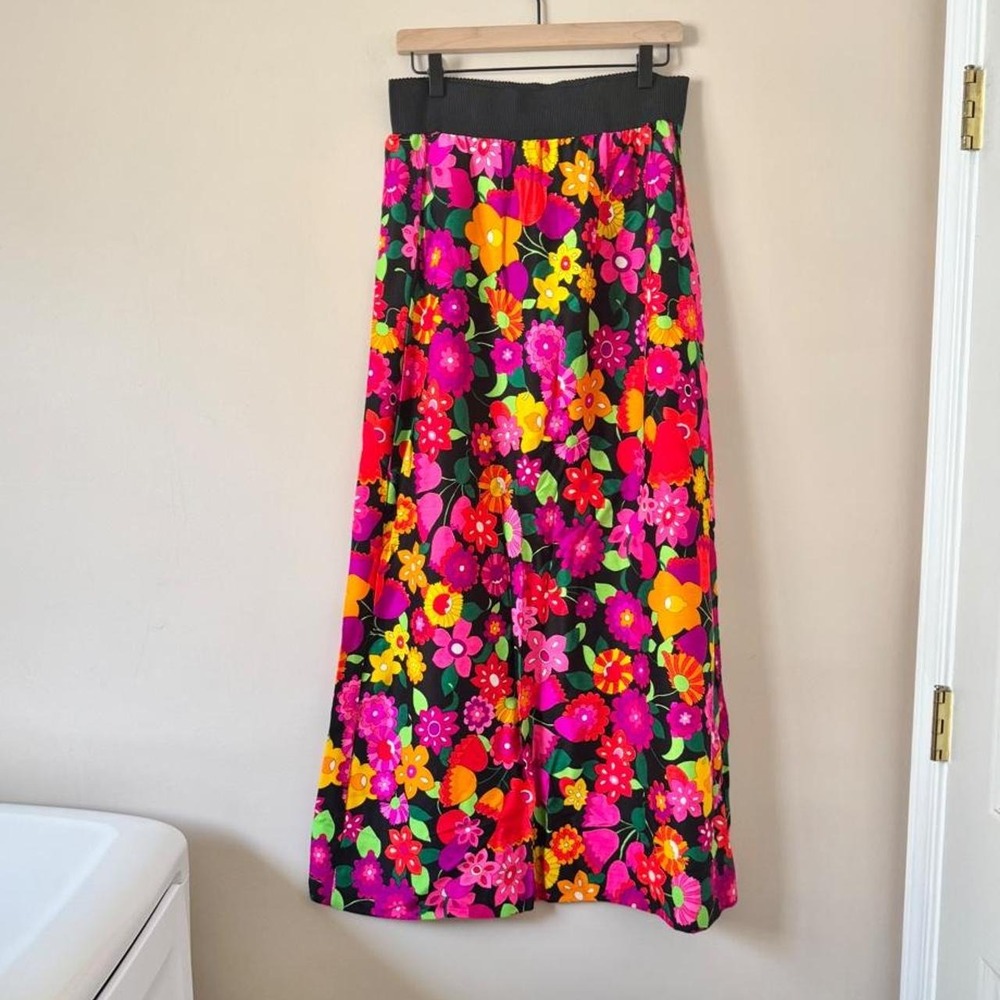 Vintage 60/70s Barkcloth Maxi Skirt Pink Dayglo Black Green Flower Power